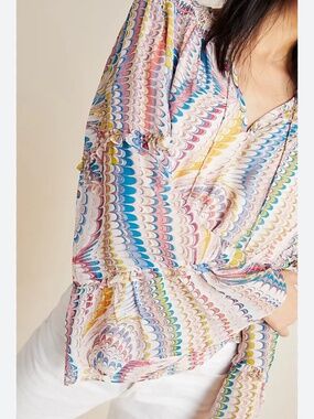 NWT Anthropologie Maeve Jessa Blouse Peasant Style Bell Sleeve Shirred Waist